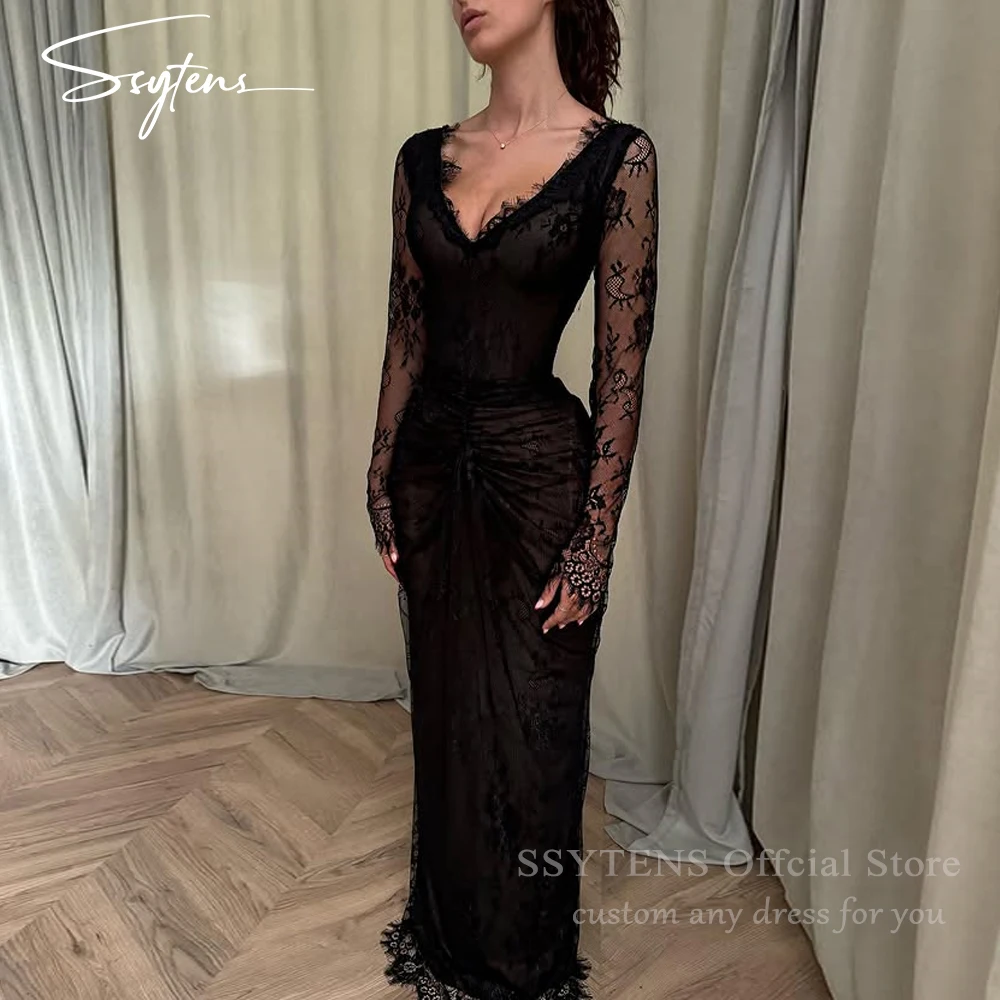 

SSYTENS Sexy Prom Dresses Black Lace Illusion Long Sleeves Slim Customized Evening Dresses Women Elegant Wedding Party Gowns