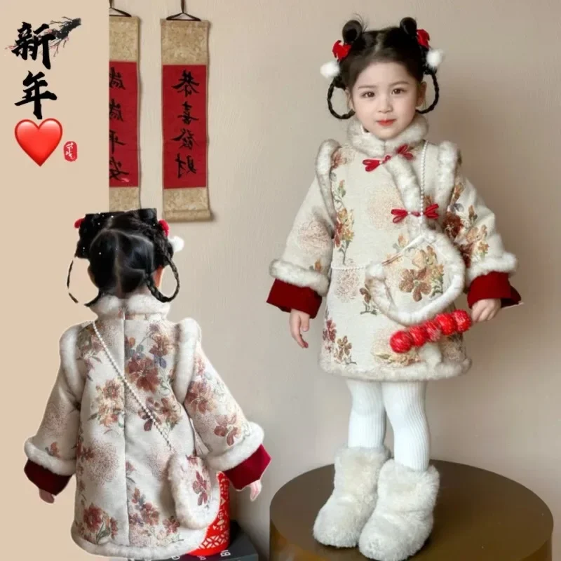 Gonna cheongsam ispessita da ragazza autunno e inverno 2025 nuovo abbigliamento di Capodanno ispessito per bambini scozzese in stile cinese