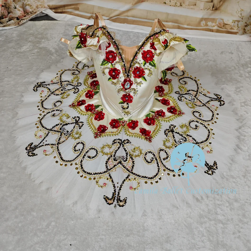 Wysokiej klasy, szyta na miarę, mlecznobiała spódniczka tutu z motywem róż Aesmilada, wróżka, Śpiąca Królewna, balet, dla dorosłych i dzieci.