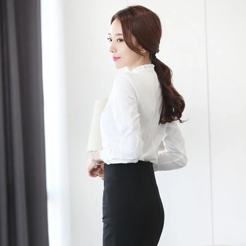 Fashion Korean White Blouse Women Blusas Stand Neck Chiffon Shirts Long Sleeve Bow Blouses Vintage Elegant Femme Tops NS5578