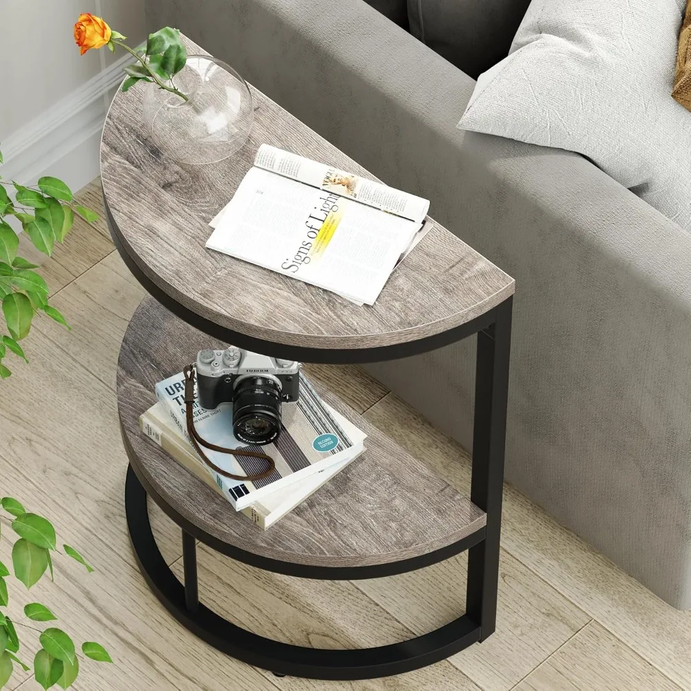 

2-Tier End Table Semi Circle, Small Half Round Side Tables Living Room with Storage Shelf, Wood Accent Slim C for Sofa Couch,