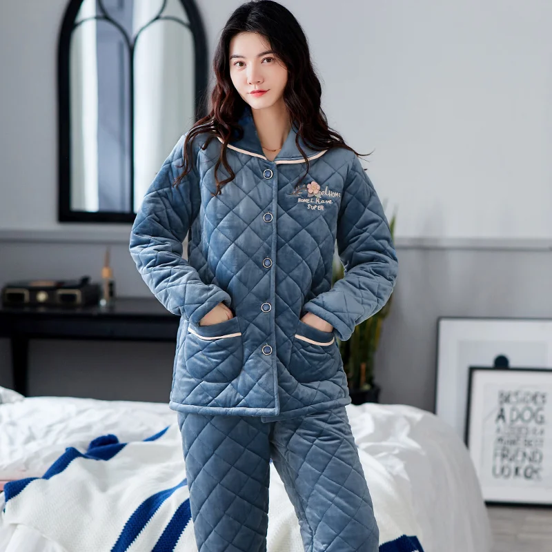 Winter Floral Pajamas For Female Thick 3 Layers Quilted Sleepwear Suit 2 Pcs/set Pyjamas Warm Casual Home Clothing Pijamas Mujer