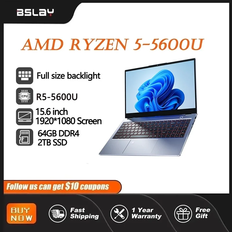 AMD R5 5600U 15.6 Inch Gaming Laptop 64GB DDR4 2TB SSD Win11 6 Cores 12 Threads HD Camera Fingerprint Unlock Portable Ultrabook