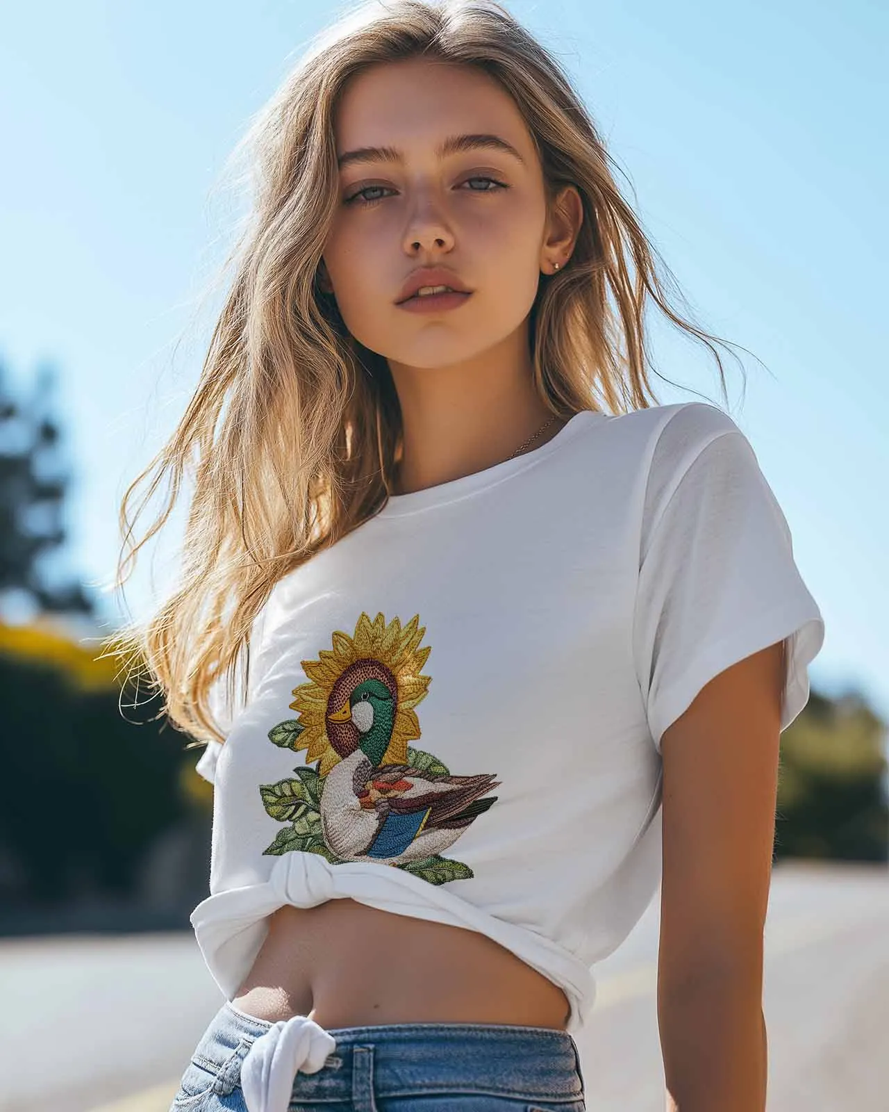 Line Style Sunflower Duck T-Shirt Lover Gift Sweatshirt Fitness T-shirt Short Sleeve O-neck Clothing Tops