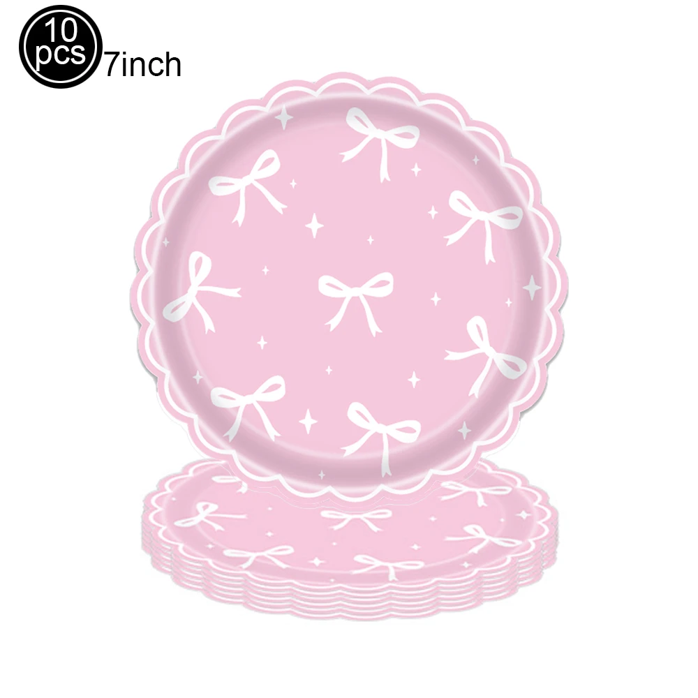Party-Dekoration mit Schleifenmotiv, Einweggeschirr-Set, Pappteller, Tassen, Schleifenform, Schnappstifte für rosa Schleife, Kokette, Geburtstagszubehör – Detail 3
