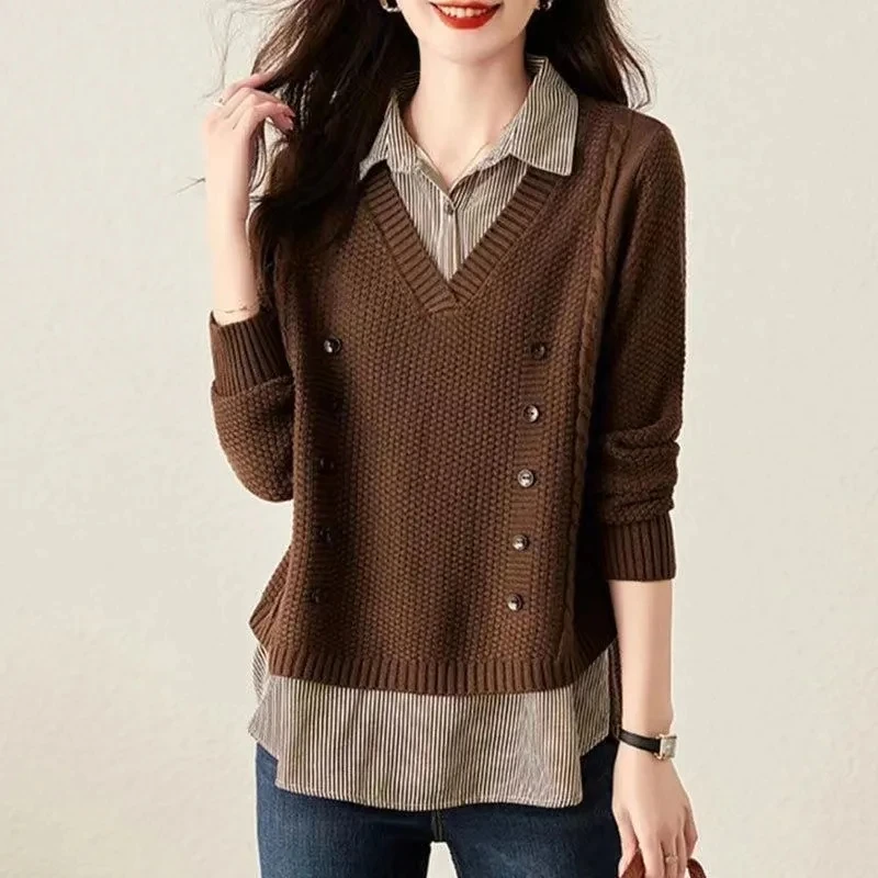 Printemps automne femmes faux deux pièces pull pull femme coréenne chemise ample col à manches longues hauts en tricot dame pull tricoté