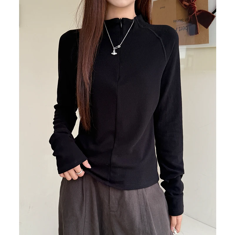 Womens Shirt Velvet Half High Collar Fish Bone Half Zipper T-Shirt Autumn Winter New
