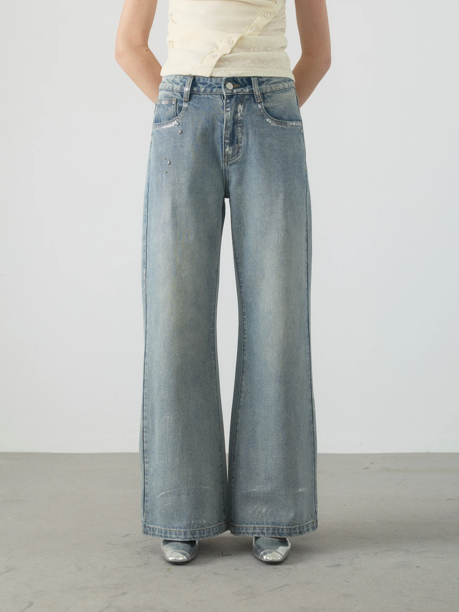 

Low Waist Handmade Silver Ironing Washed Light Blue Straight Leg Wide Leg Casual Long Jeans Denim Pants Youth All Seasons