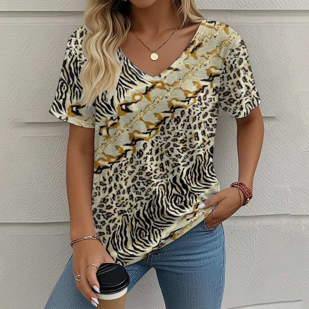 Summer Vintage Women's T-shirt Casual Graphic Print Oversize Clothing Outdoor V-neck Short Sleeve Top Street Fashion T-Shirts