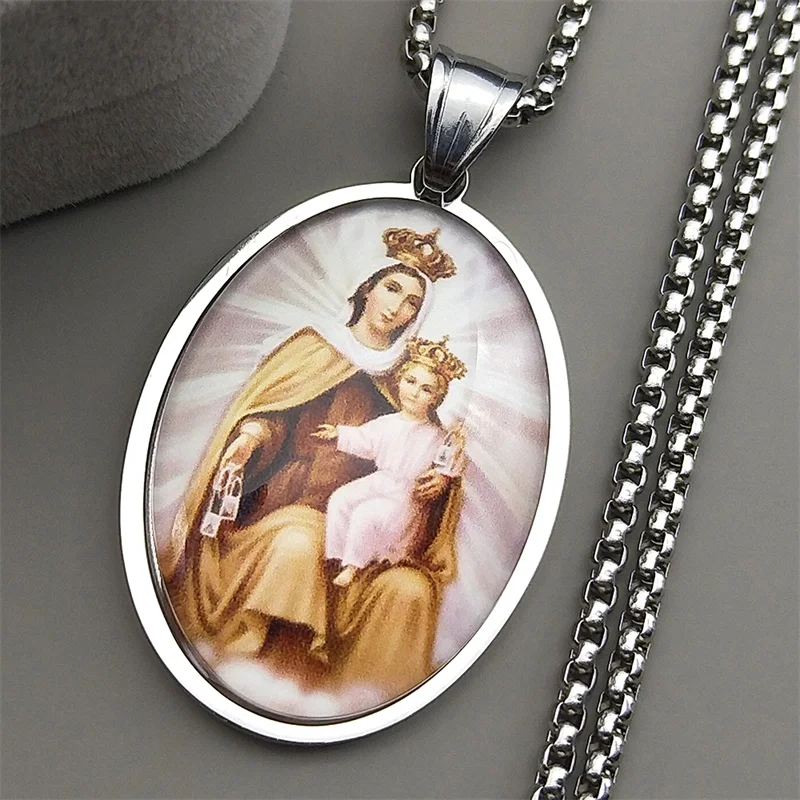 Jungfrau Maria Halten Baby Jesus Glas Anhänger Halskette für Frauen Männer Edelstahl Gold Farbe Katholische Mutter Kette Schmuck
