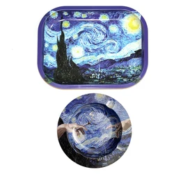 2PCS/Set Cigarette Rolling Tray Tinplate Ashtray Whit 18x14cm Rolling Tray Cartoon Pattern Metal Smoking Accessories