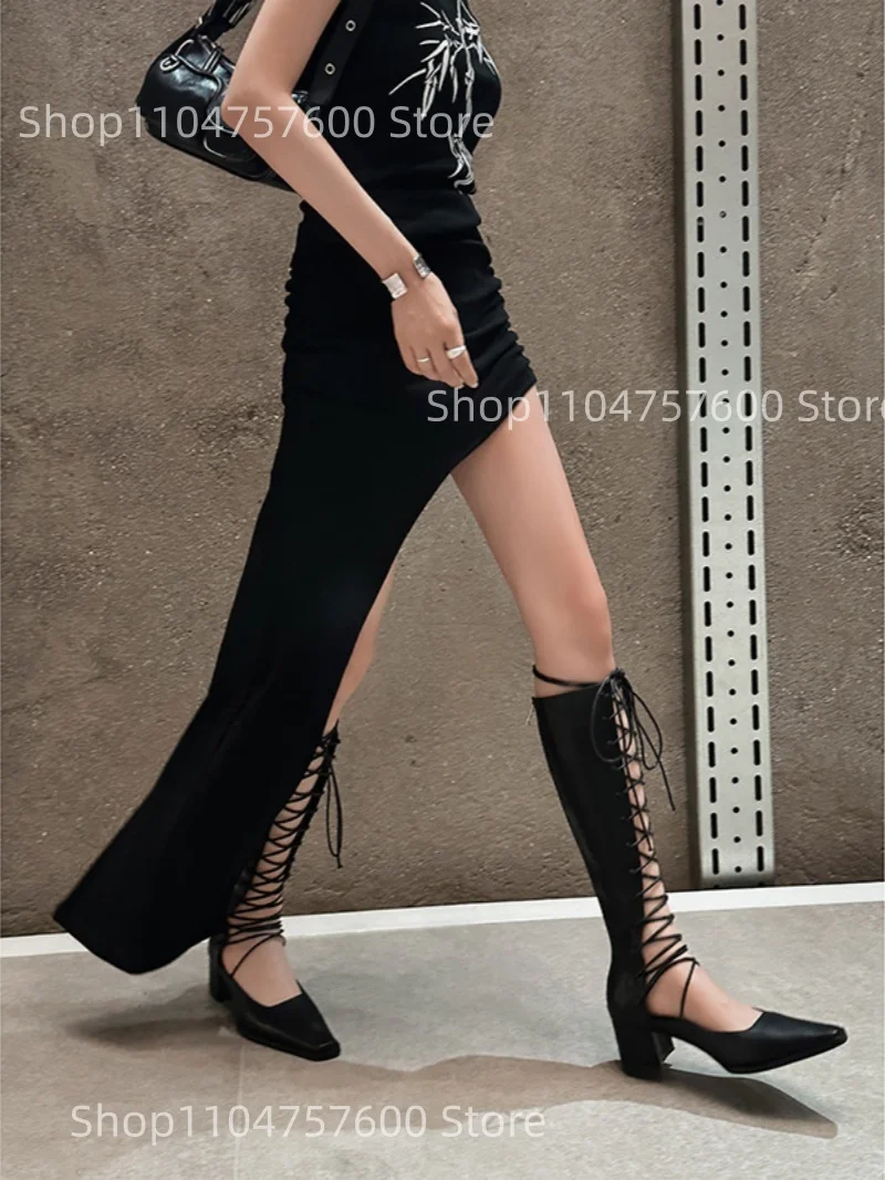 

Women's Lace Up design Knee High Boots Pointed Toe Chunky Heel Botas Parties Casual Trendy Punk Autumn Retro Street Ladies Boot