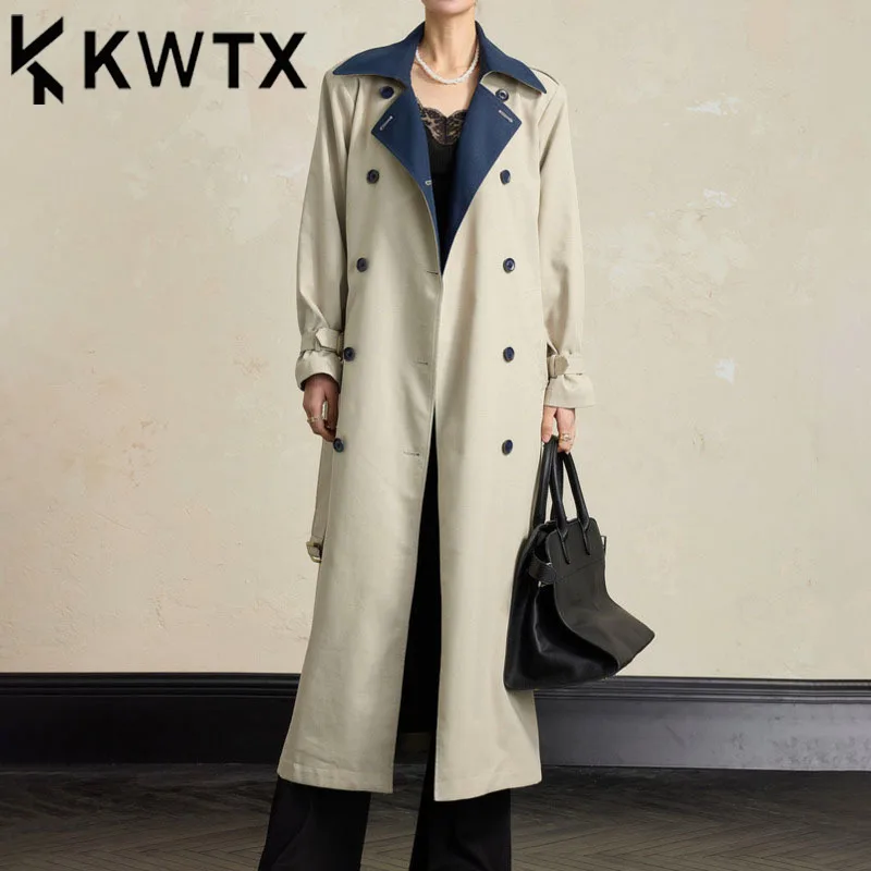 

KWTX Women’s Color-Block Trench Coat Double-Breasted Belted Lapel Casual Chic Vintage SS25 Trendy High-Quality Elegant Fashion