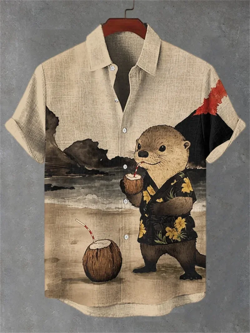 เสื้อเชิ้ตผ้าลินินแขนสั้นลายลิง 3 มิติ สไตล์ฮาวาย สำหรับผู้ชาย แฟชั่นฤดูร้อน เสื้อเชิ้ตแขนสั้นลำลองสำหรับผู้ชาย