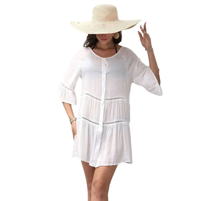 CYL-Womens Summer Button Down Shirt Dress Hollow Out Mini Dress 3/4 Bell Sleeve Tiered Dress Loose Beach Dress