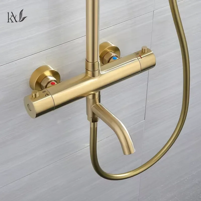 Premium Thermostatic Shower Set Brushed Gold SUS304 Smart Temperature Control Bathroom Mixer Project Faucet for Villas