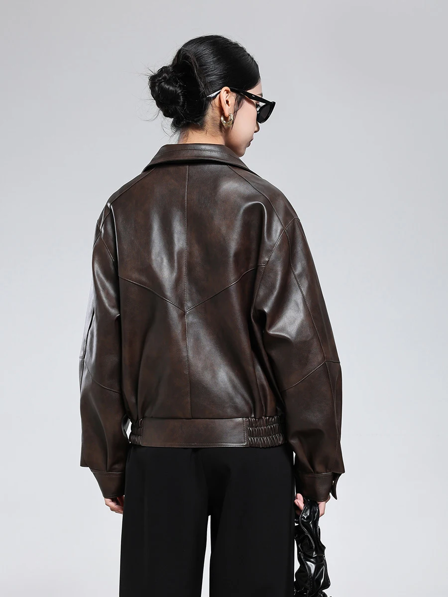 Lautaro 秋クールなハンサムショートハードディストレストブラウン Pu レザージャケット女性ジッパー高級デザイナーアメリカンレトロ服