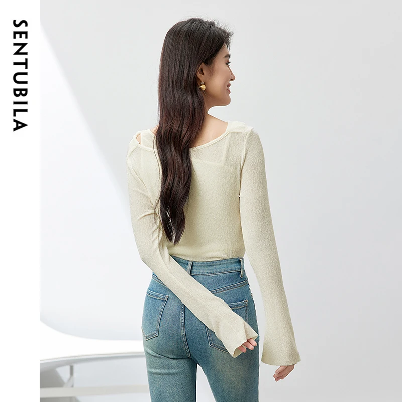 SENTUBILA French Style Knit 2 Piece Set Women 2024 Autumn Wave Collar Long Sleeve Tops Irregular Vest Women Pullover 143H57609X