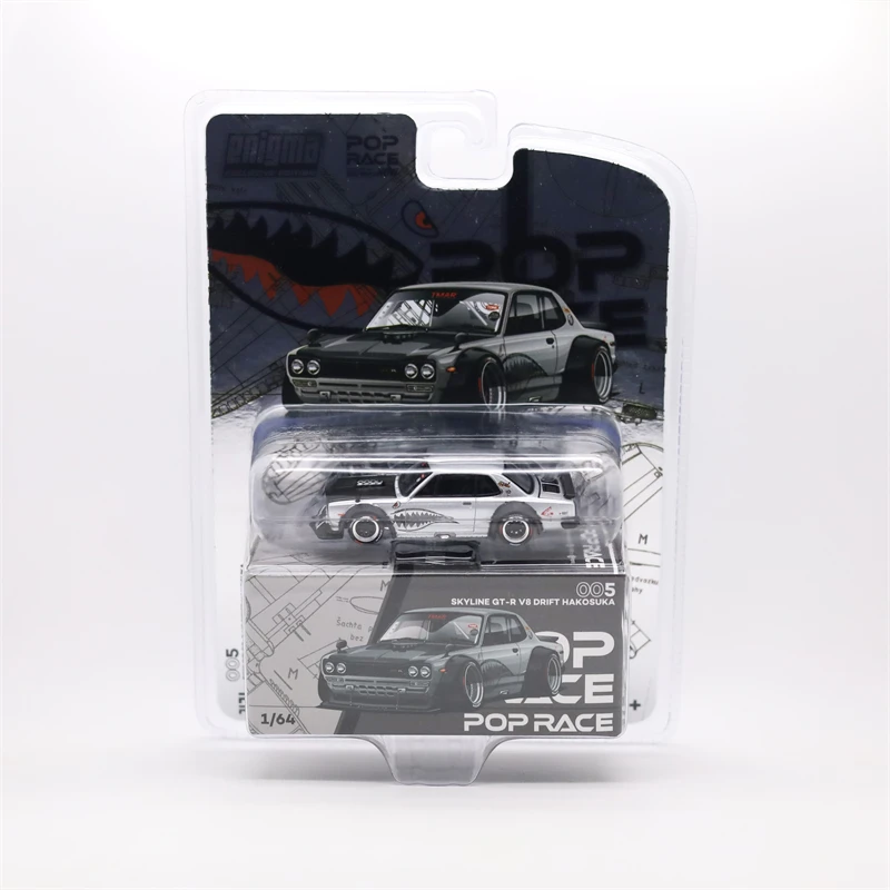 

Pop Race 1:64 Skyline GT-R Hakosuka V8 Drift Silver Shark Enigma Blister Card Ver Diecast Model Car