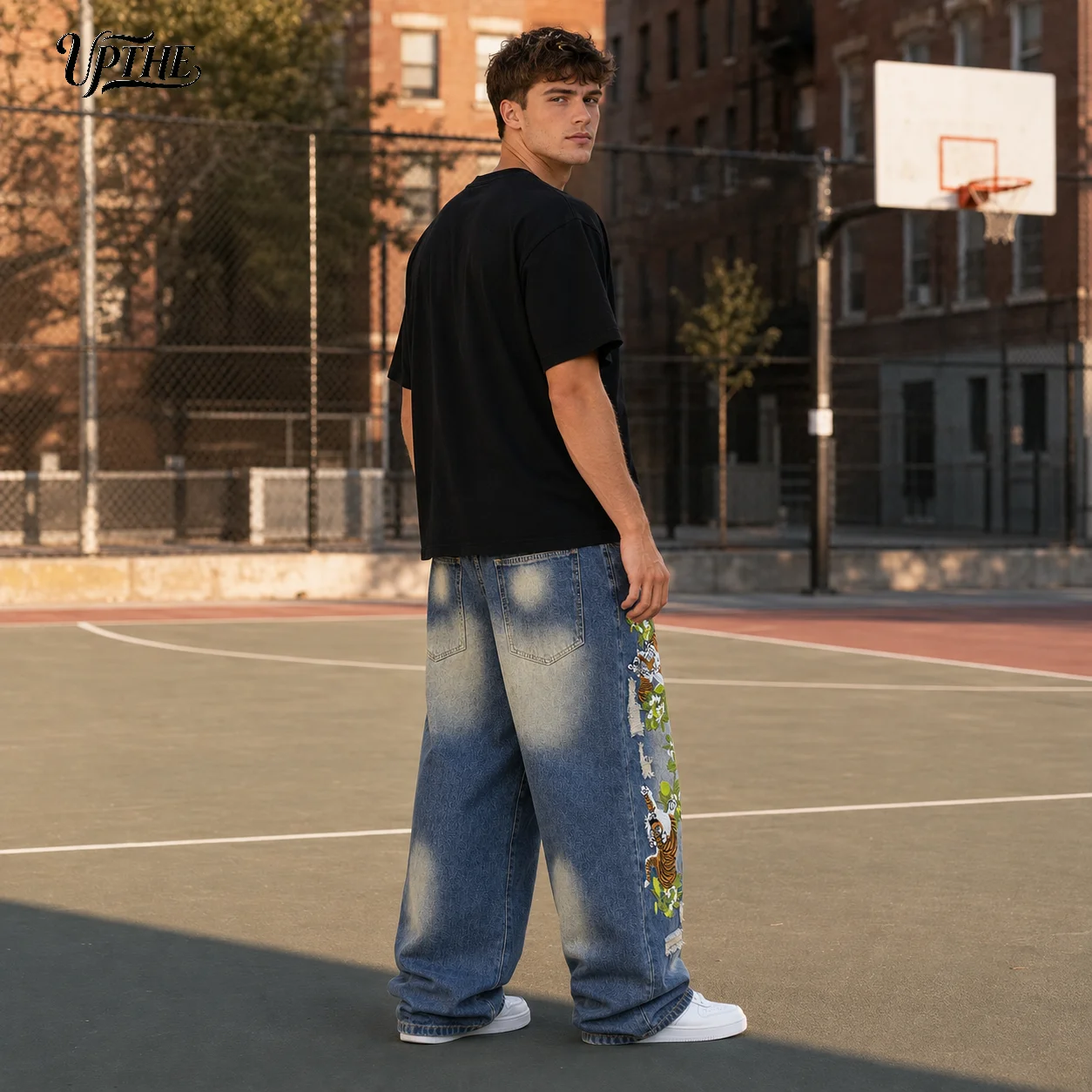 UP.THE Oversized Baggy Jeans for Men, Retro Gradient Washed Distressed Ripped Denim Pants, Jungle Tiger Floral Embroidery Y2K Streetwear Wide Leg Jeans, Skate Hip Hop Loose Denim Trousers for Teen Boys Daily Outfits view 4
