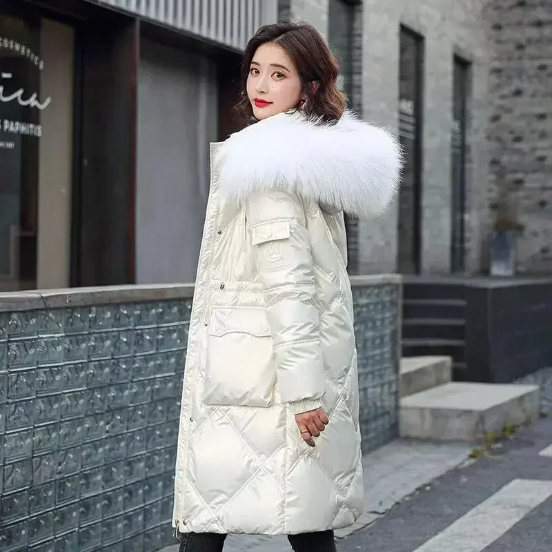 2023 Winter Warm Hooded Long Down Jacket Coat Women Vintage Luxury Oversize Solid Color Lambswool Thick Padded Jackets Outerwear