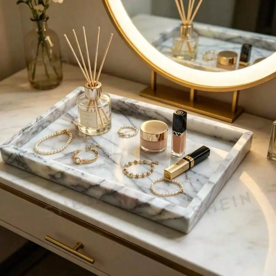 Natural Marble Vanity Tray Set (1 Piece), Luxury Stone Storage Tray, Available In 3 Colors (Pink Purple/White Gray/Green), Suita