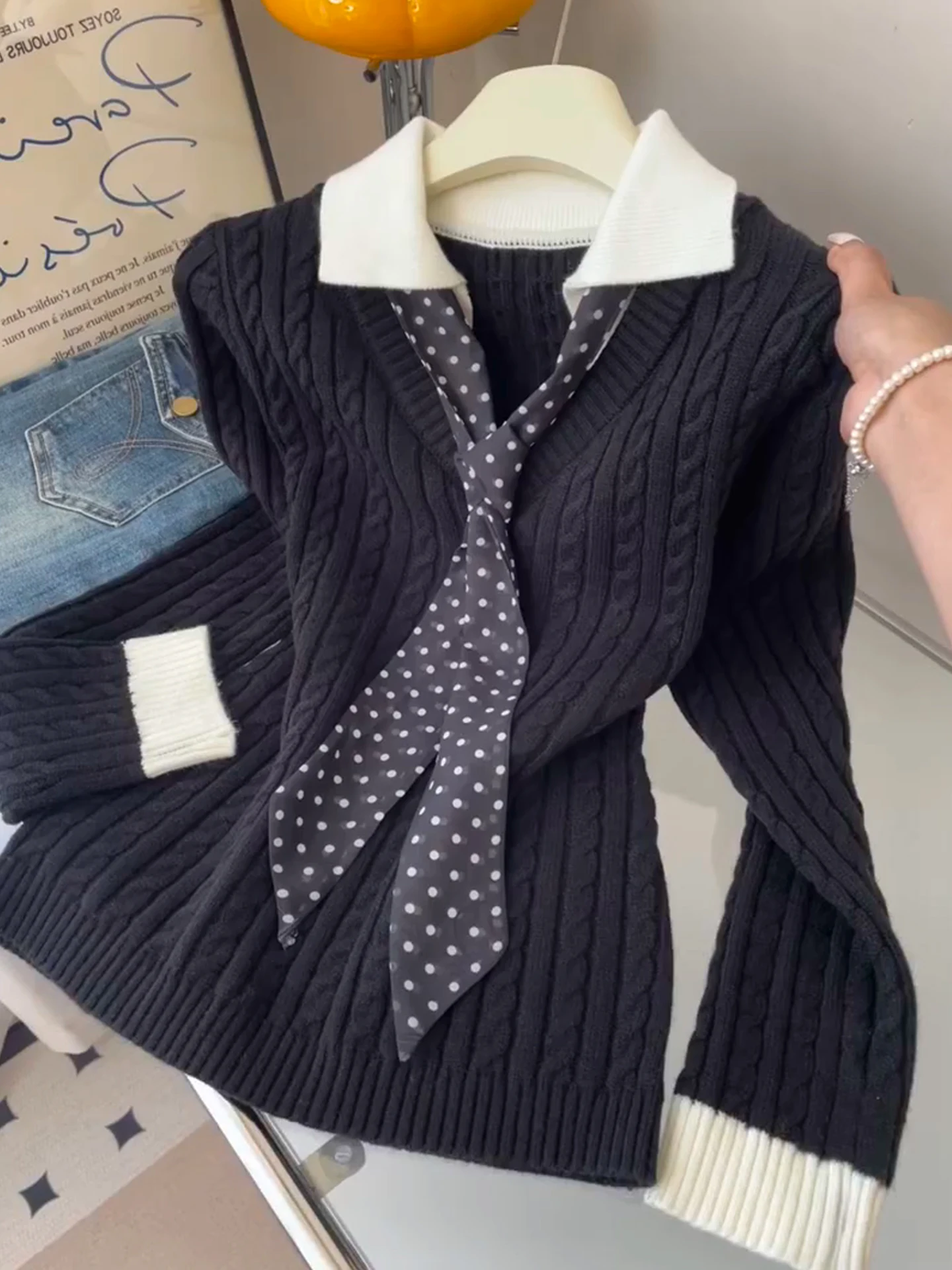 

Color Blo Long Sve Knitwear Winter Design Sensation Faion Versatile Camere Top Commute Sle Korean Version So...