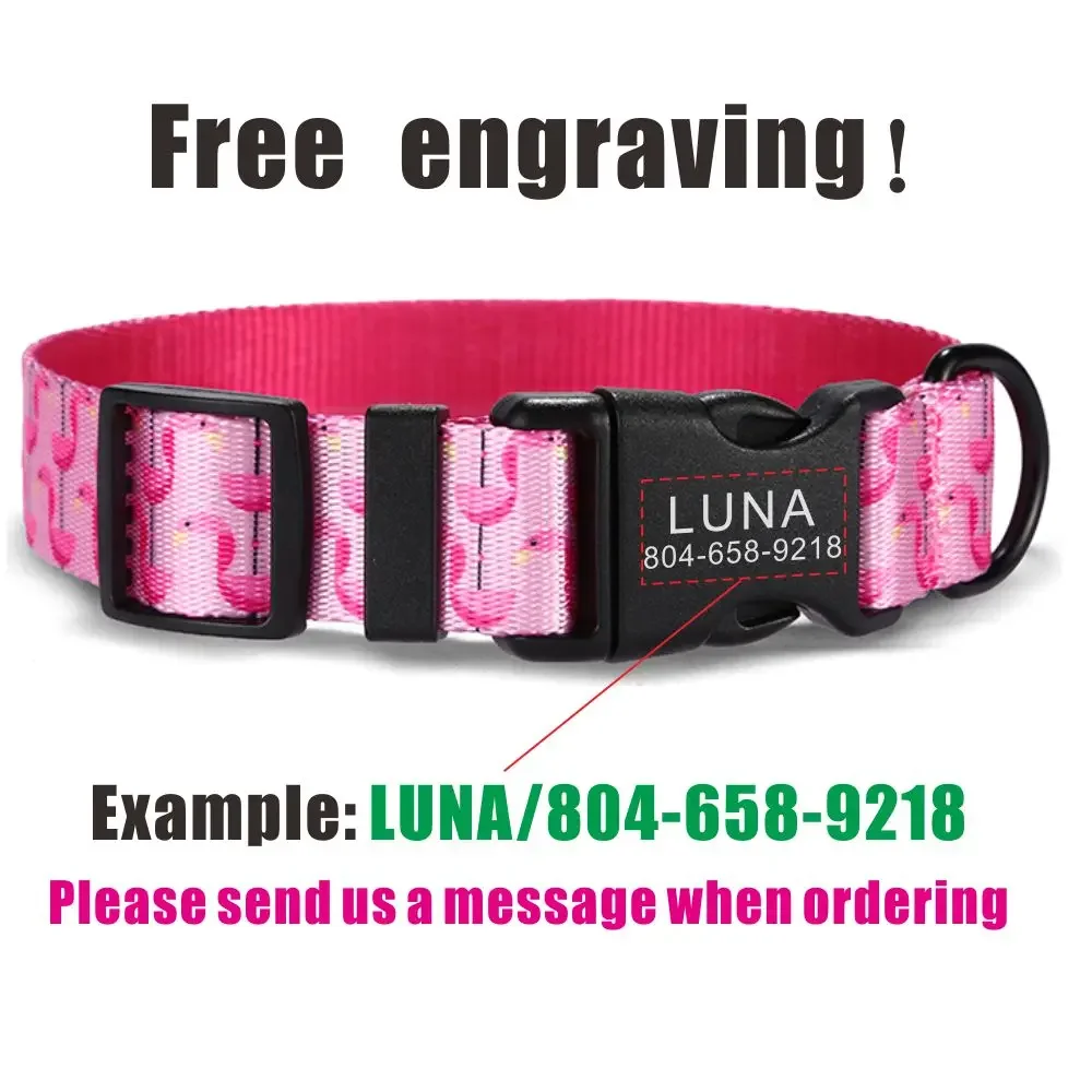 Personalized Pet Collar Customized Nameplate ID Adjustable Pink Flamingo Soft Fiber Cat Dog Collars Lead Leash