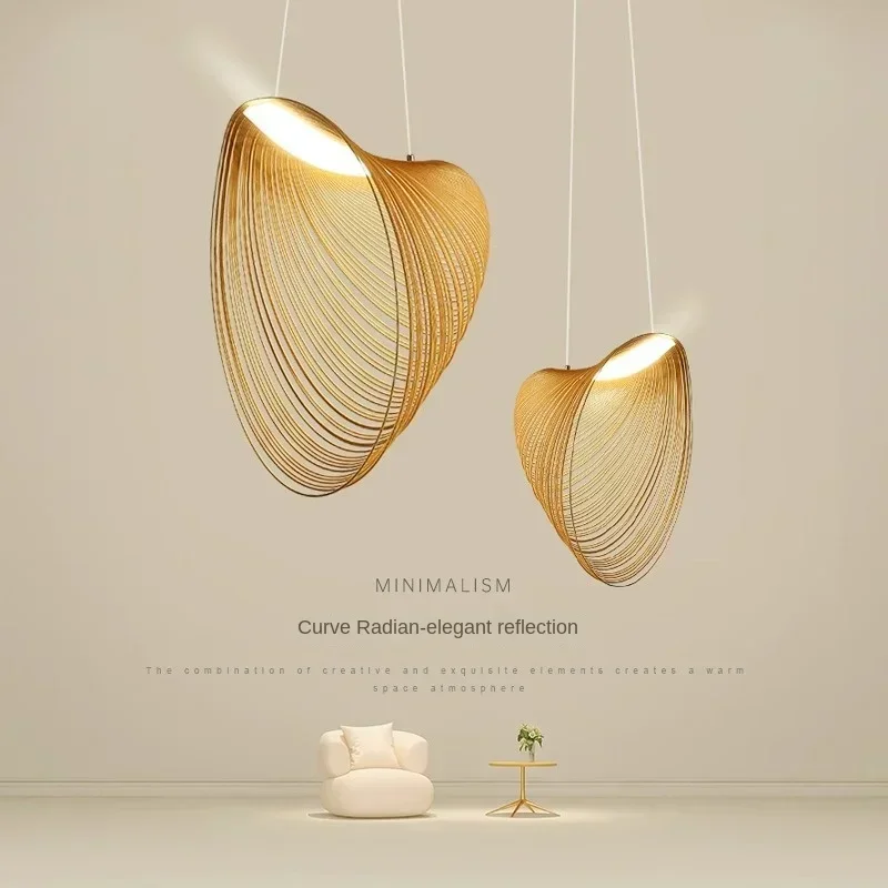 Italian Creative Minimalist Straw Hat Linear Curve for Living Room Home Decoration Wood Art Chandelier LED Pendant Lamps Simple