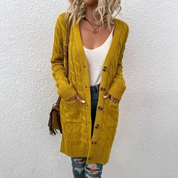 Casual Fashion Simple Commuting Style Knitwear Long V-neck Solid Color Fried Dough Twists Sweater Women's Button Cardigan