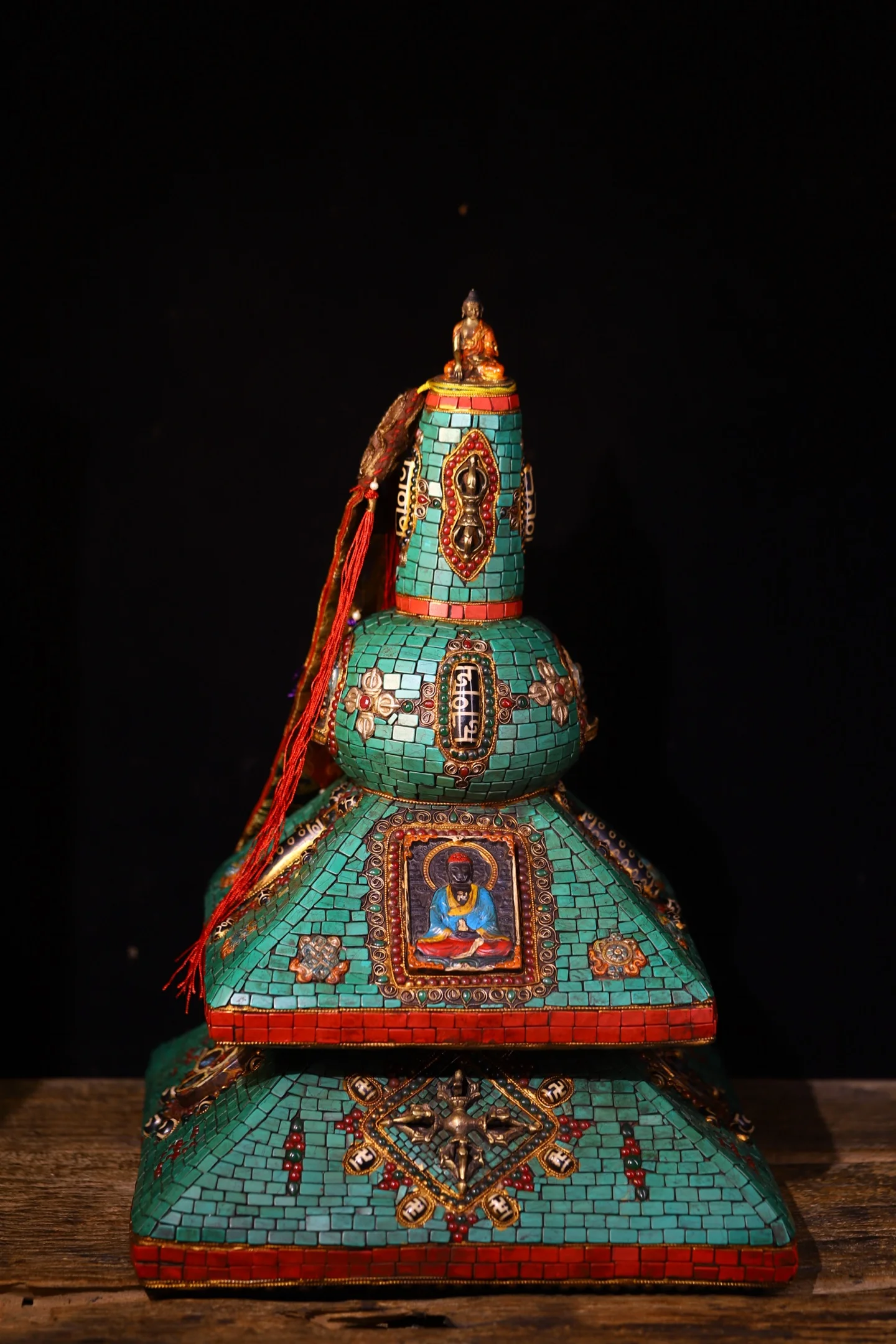 Old Natural Meteorite Painted Mosaic Gem Turquoise Vairocana Buddha Vajra pattern Buddha Pagoda stupa Worship Hall