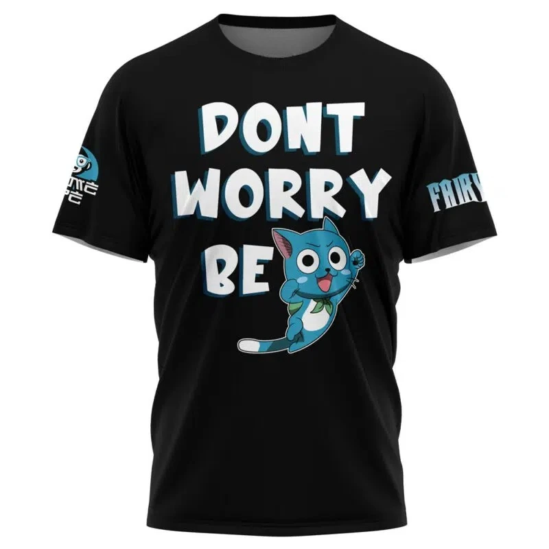 Men's Summer Fairy Tail Hobbit Fun Short Sleeved T-shirt with Black Background Cartoon Print Breathable Loose Casual Top