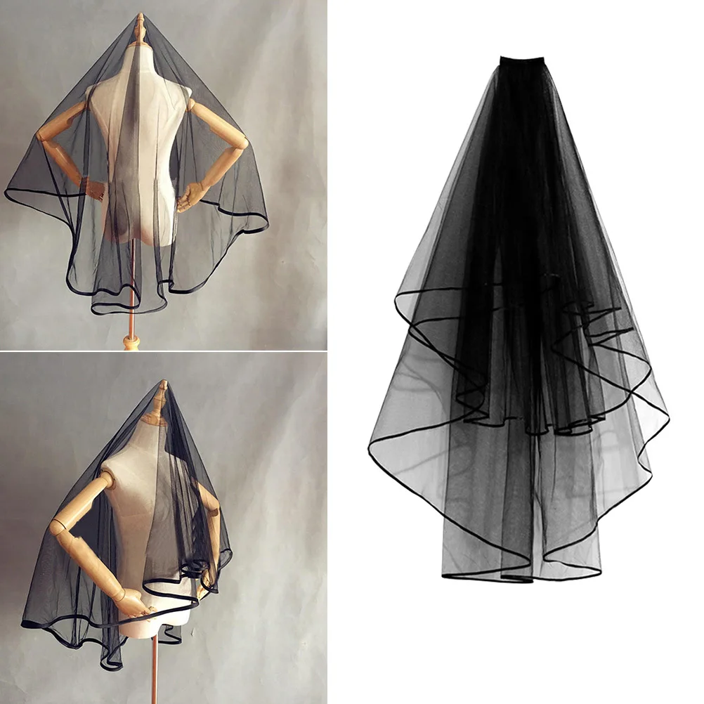 خمر الدانتيل الأسود الزفاف الحجاب الزفاف غزل طويل أنيق مانتيلا للعروس الزفاف المشاركة دش صور الدعائم