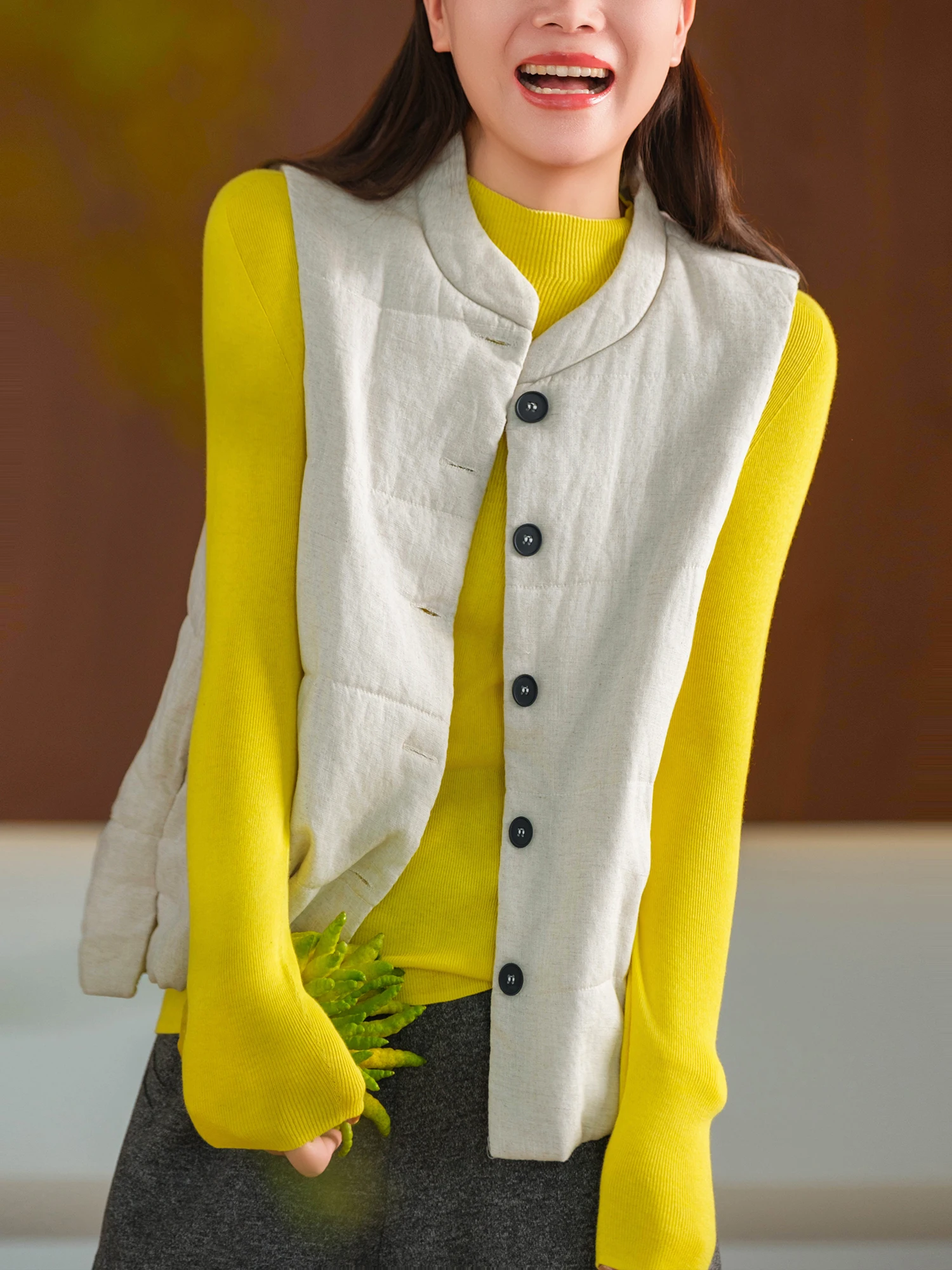 Elegant Linen Filled Vest Slimming New Snowy Cotton Fabric by Little Ear Brand Casual Loose Fit Single Button Closure