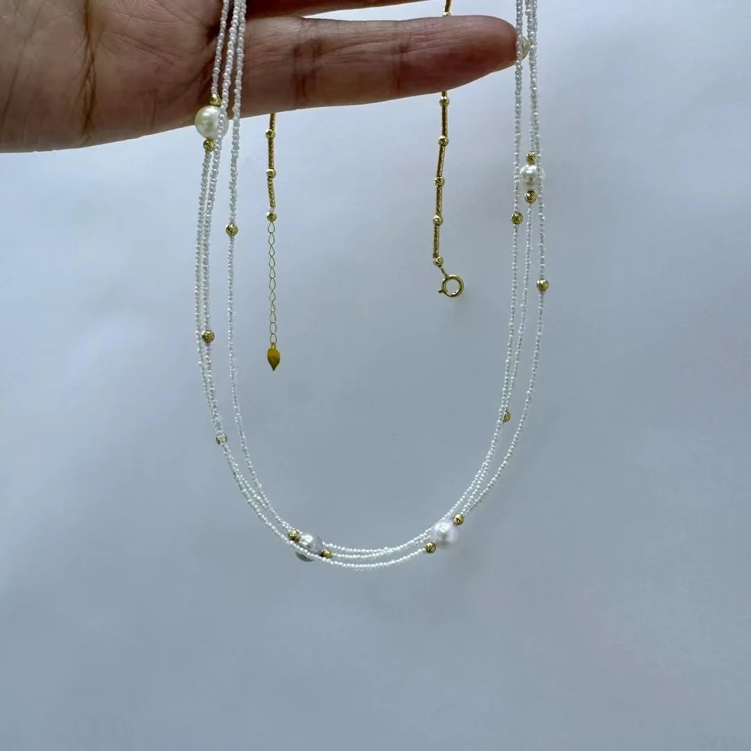 1-2mm Natural Akoya Seawater Pearl Necklace, Wild Keshi Pearls 18K Gold Chain, Delicate Luxury Jewelry Gift