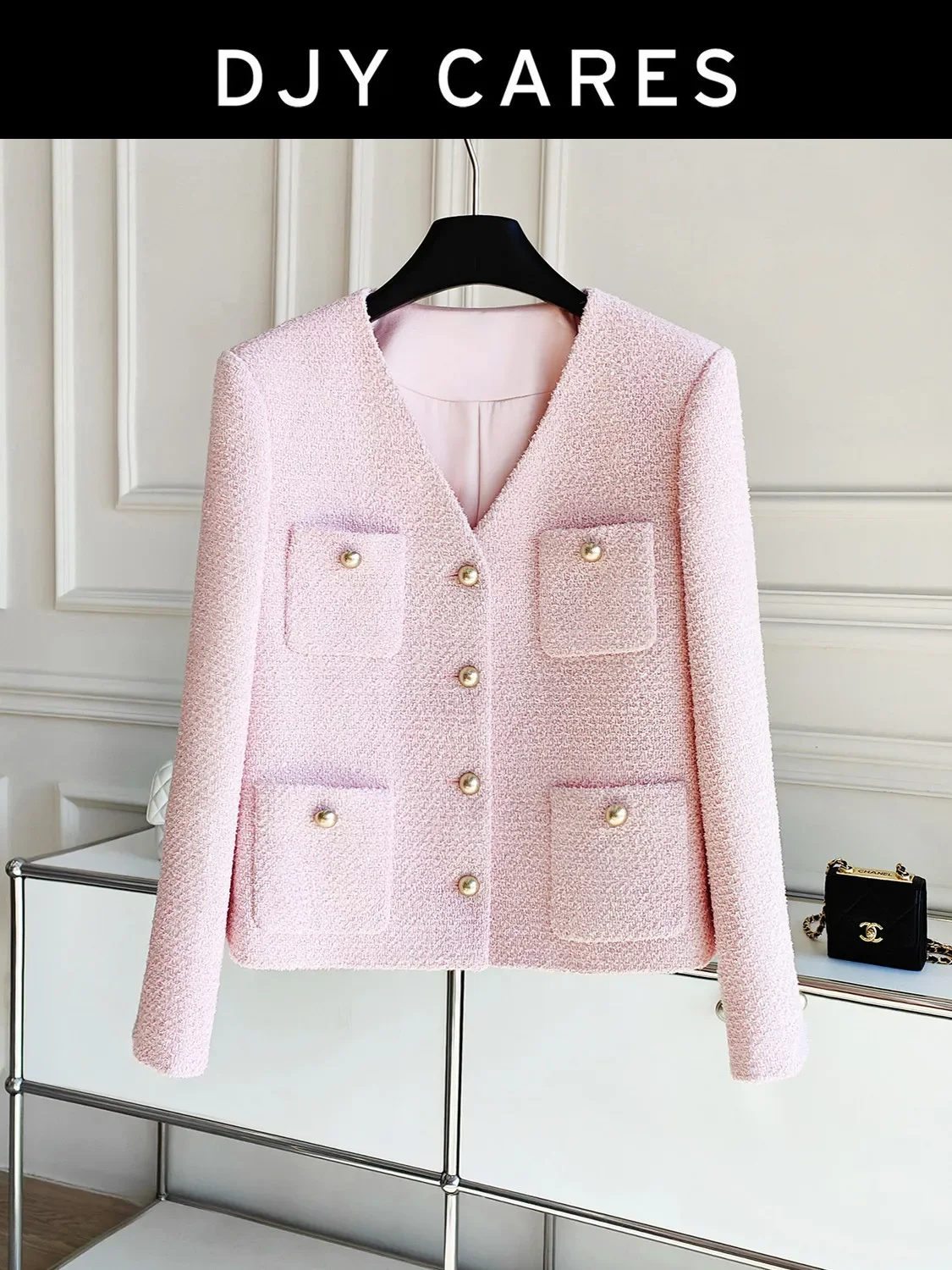 New Sweet pink small fragrant floral coat V-neck temperament top big size