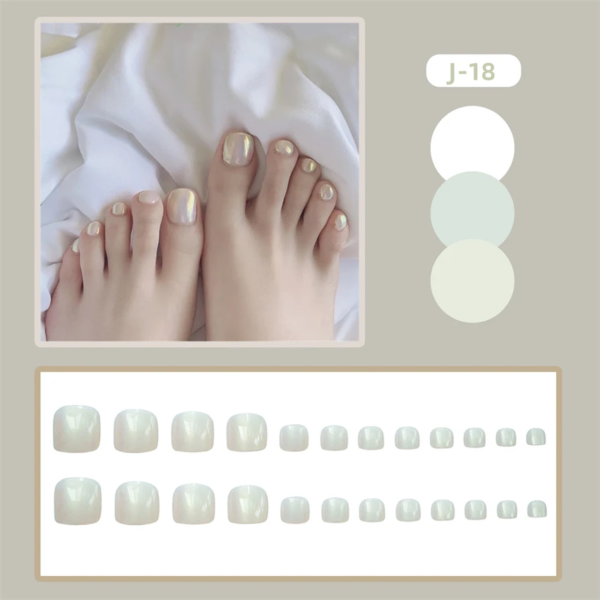 

24Pcs/Set White Beaded Toe Fake Nails Full Coverage Adhesive Handmade Press-On Nails Removable French Wearing False Nails Tips