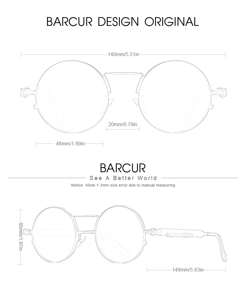 BARCUR Runde Sonnenbrille für Herren, polarisiert, Retro, Steampunk, Sonnenbrille für Damen, Vintage-Stil, UV400, Brillenzubehör, Oculos – Detail 6
