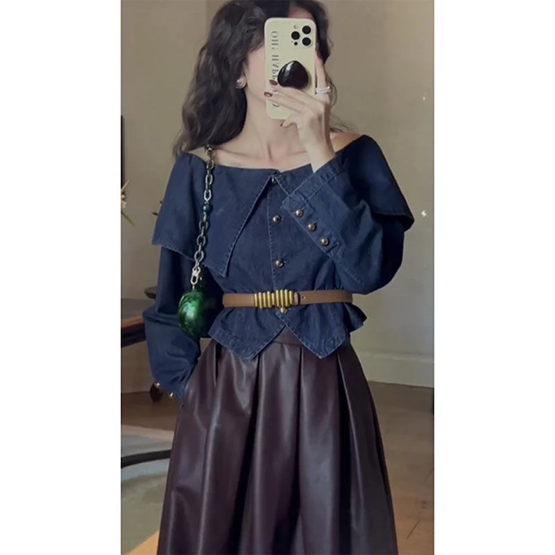 

Women's Slim Fit Denim Shirt Early Autumn New Style Retro Design Waist-Cinching Long Sleeve Large Collar One-Shoulder Top