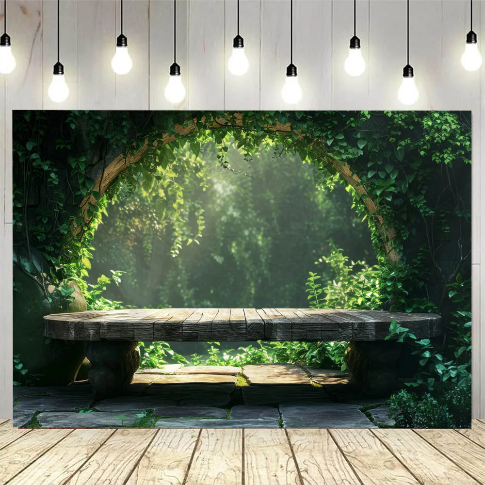 Aesthetic Vine Stone Cave Tapestry with Green Plants Wooden Table And Sea Starry Sky Background Hanging Home Decor