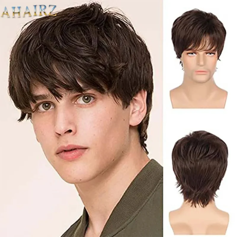 Short Men Wig Pixie Cut Natural Straight Ombre Brown Wig Heat Resistant Fiber for Daily Cosplay Party