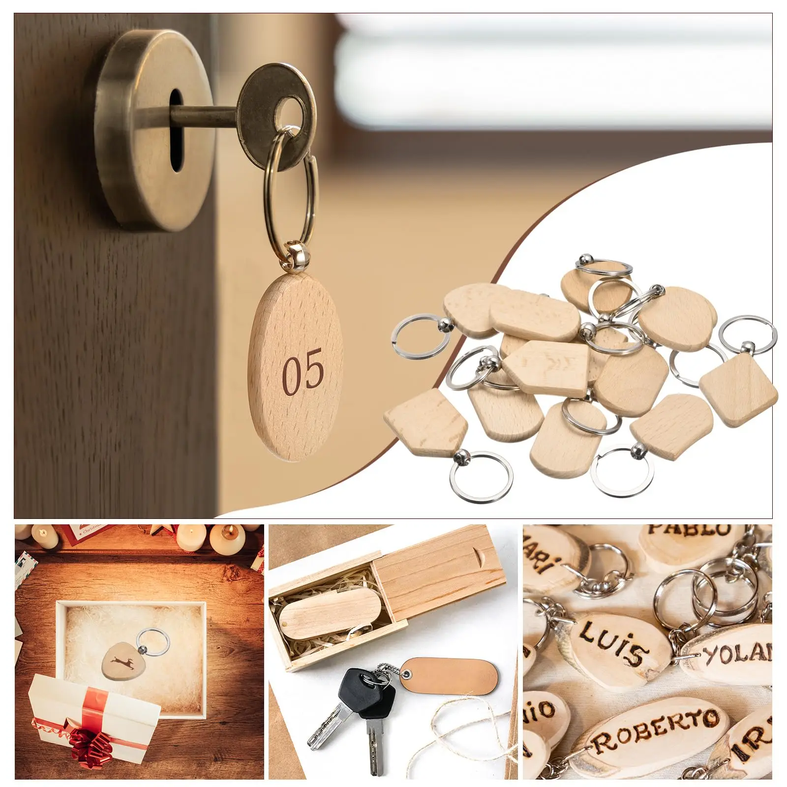 50Pcs/Set Blank Wooden Key Chain Geometry Shape Key Chains Tags Wood Keychains Key Ring Tag For DIY Crafts Gifts