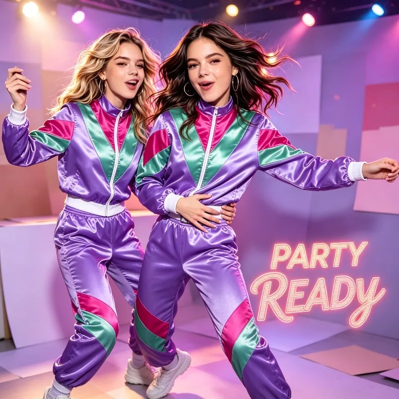80s Retro Disco Two-piece Color Blocked Design Stand Up Collar Long Sleeved Jacket and Pants Dance Themed Performance Costume