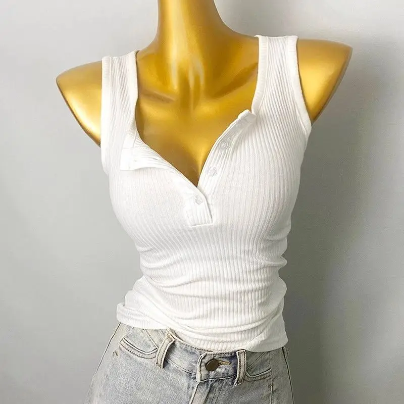 Women Button Tank Top Armpit Fat Cover Slim Fit Sexy Basic Sleeveless Layering Solid Color Casual Y2K Korean Style Tank Top