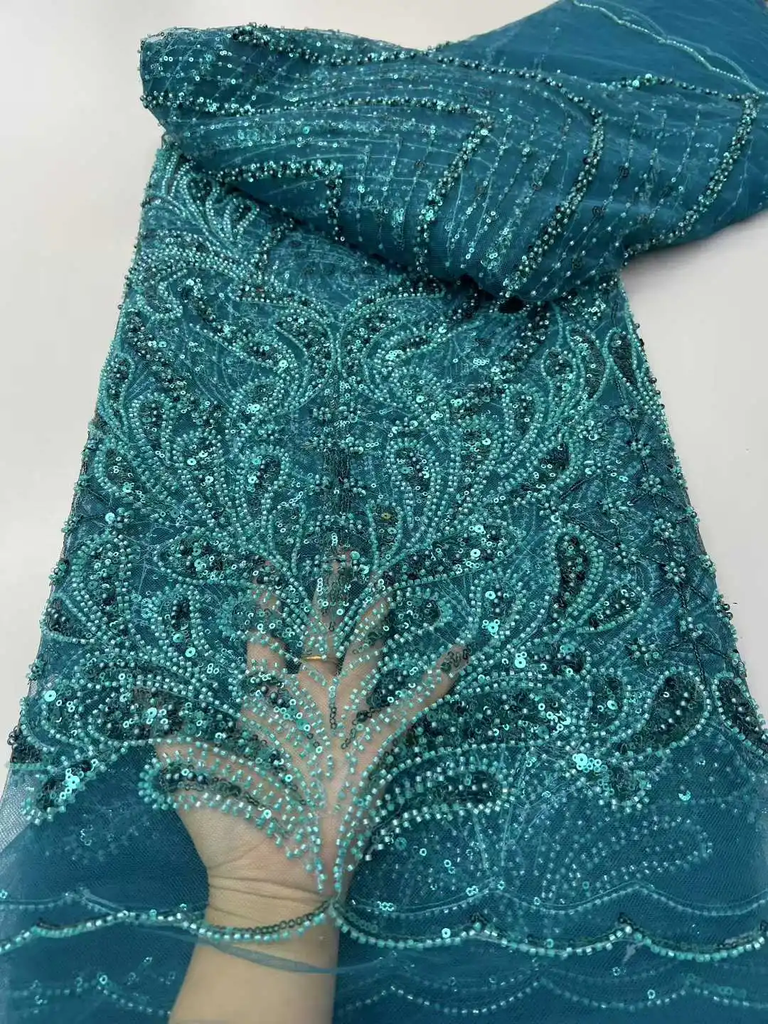 Fashion African Sequins Tulle Embroidered Groom Lace Fabric Beaded High Quality for Nigerian Wedding Dress