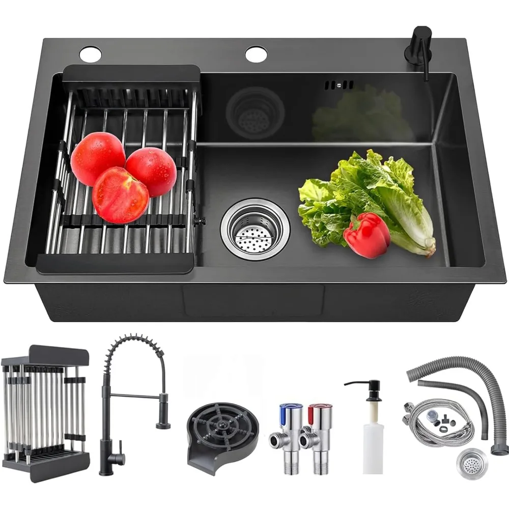 

Black Drop-In Single Bowl Kitchen Sink 29.5x17.7 inch with Pull-Down Faucet Cup Washer and Soap Dispenser