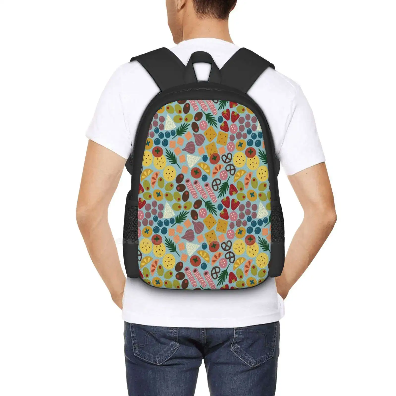 " Charming Charcuterie " Designer Food Fun Foodie Kitchen Fruit Print Large Capacity School Backpack Laptop Bags Repeating