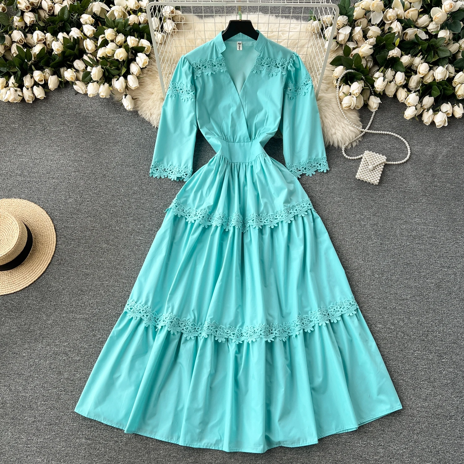 

Clothland Women Elegant Lace Patchwork Dress V Neck Three Quarter Sleeve One Piece Fashion Midi Dresses Vestido QD487