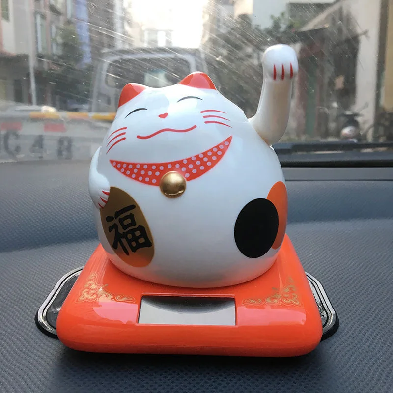 Solar White Lucky Cat Statue Home Room Decoration,No Battery Waving Fortune Cat Car Interior Decor, Maneki Neko Figure Gifts