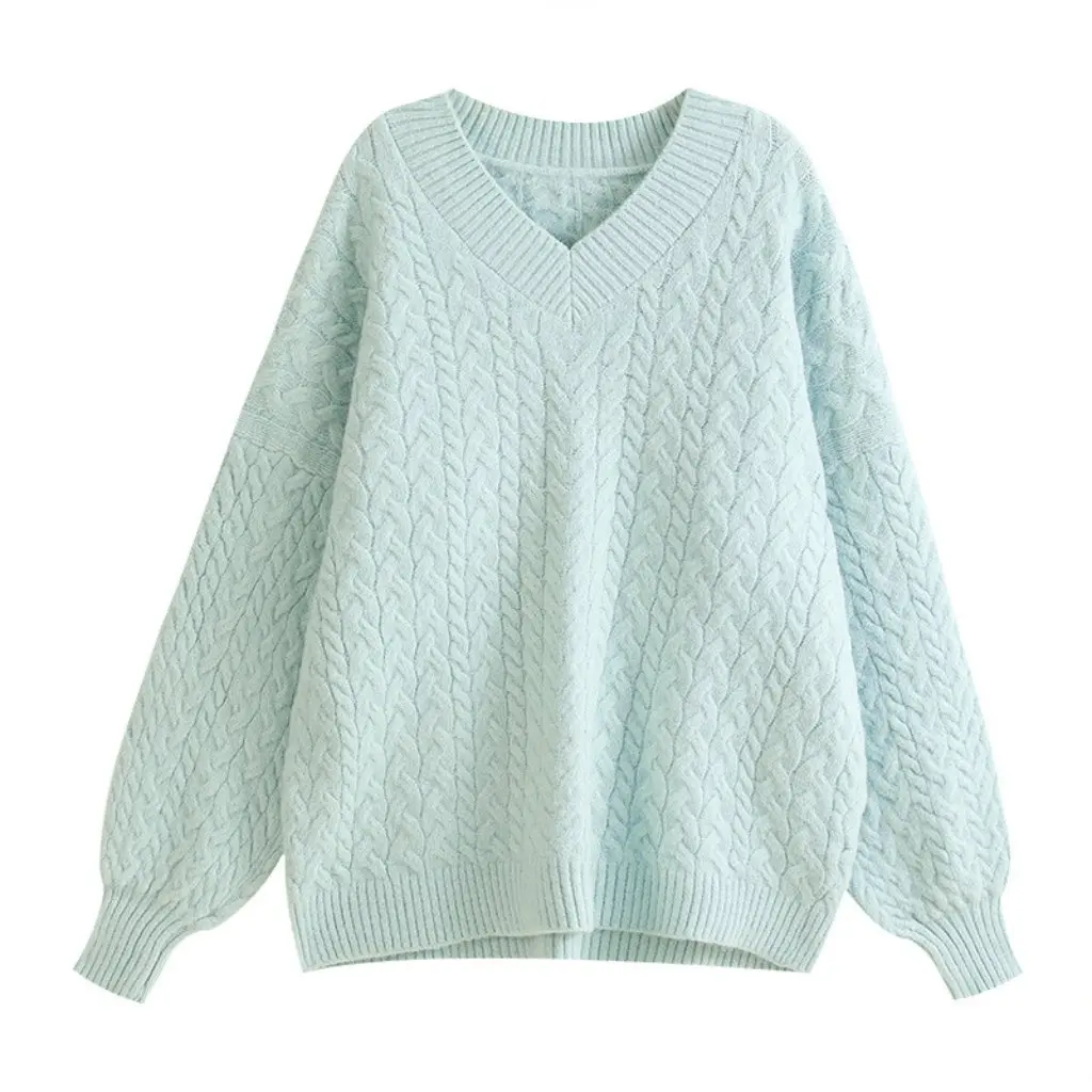 

Women's V-Neck Thickened Twist Sweater Loose Fit Autumn Winter Warm Top Lazy Style Design Fashionable Outer Wear
